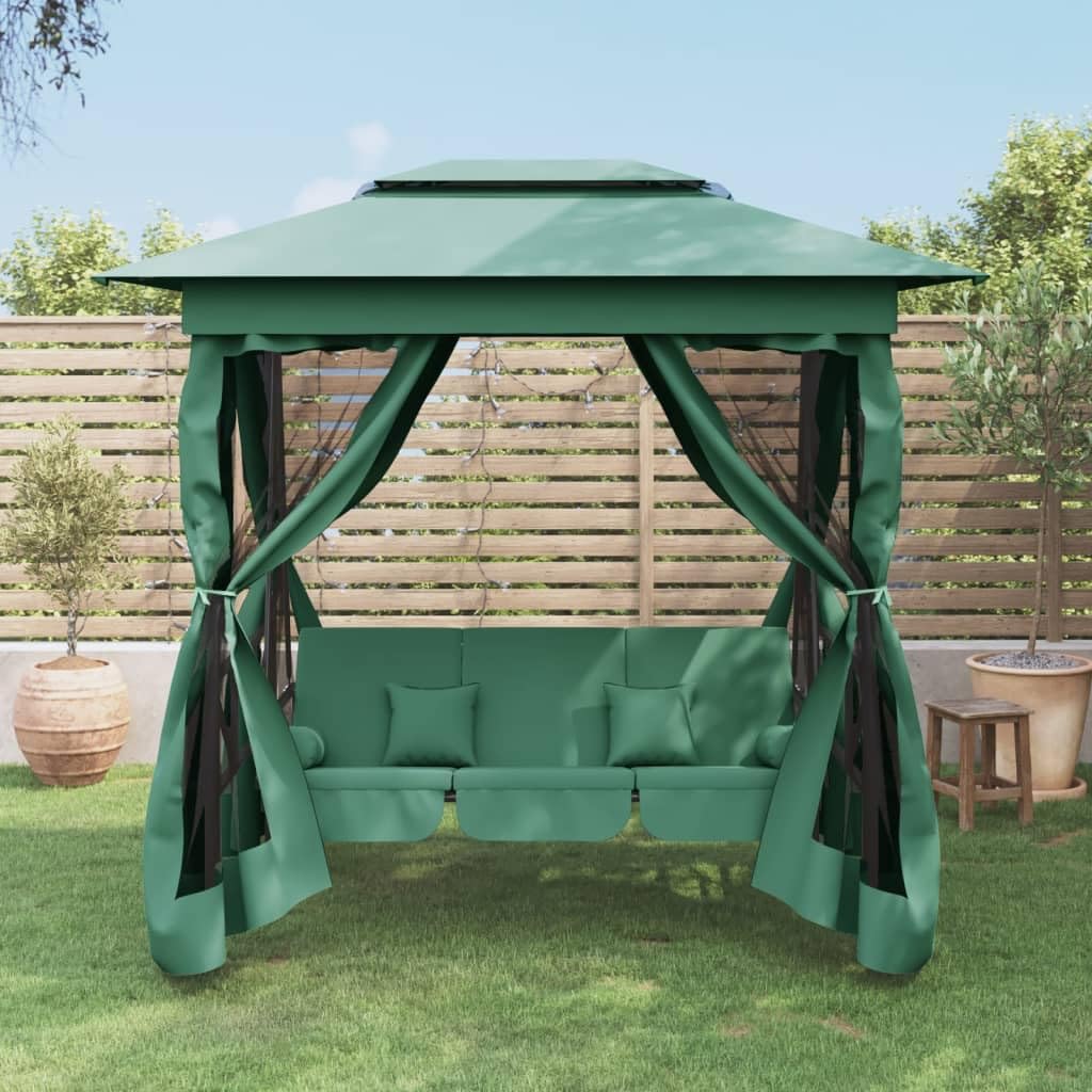 Columpio Jardín Exterior, Balancín de Jardín 3 Plazas con Techo y Cojines, Convertible en Cama, Marco de Acero, para Balcón, Terraza, Patio, 223 x 153 x 233 cm, Grün