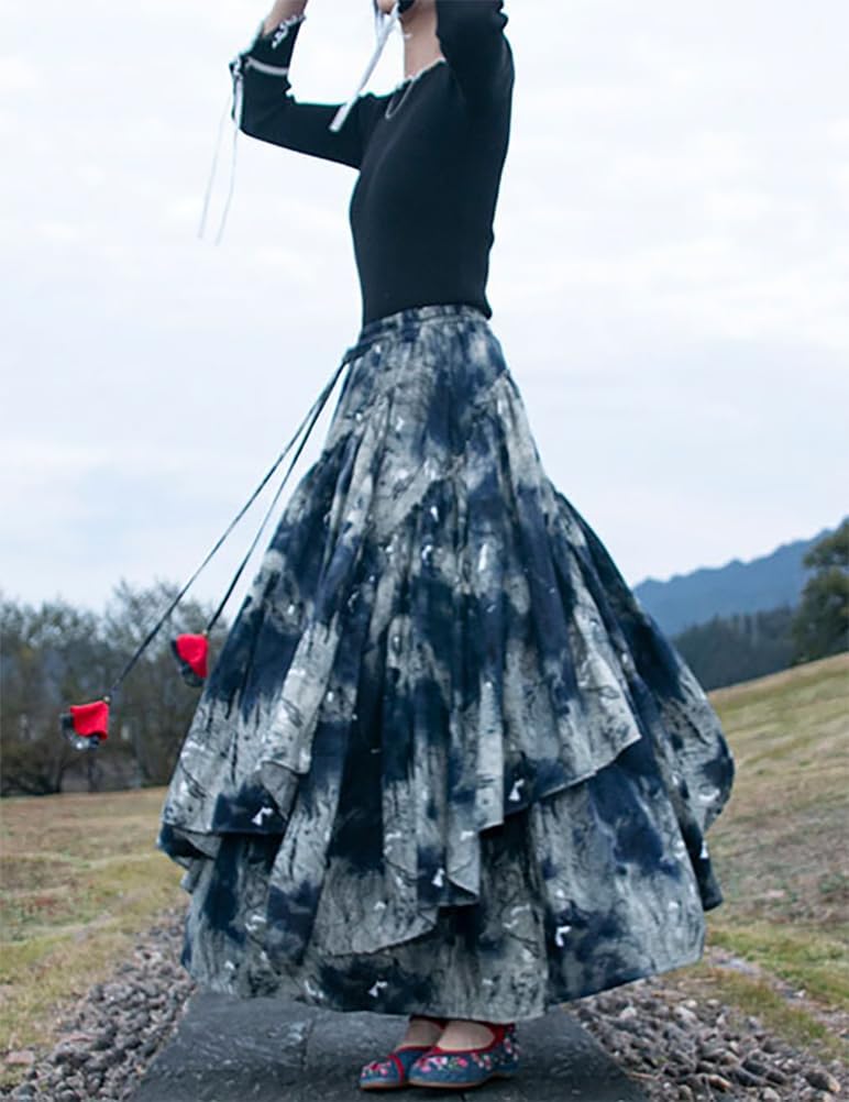 IDEALSANXUN Gonna lunga da donna con elastico in vita Aline foderato in cotone retrò Maxi orlo plissettato, Stampa 001, L