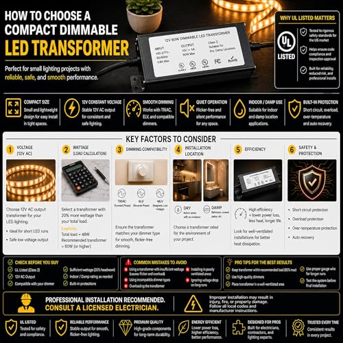 Image of LA LED Lighting 24V 60W Compact Dimmable LED Transformer - UL, cUL, FCC - Class 2, Class P - TRIAC /ELV /MLV - Constant Voltage Power Supply - 100-277V AC