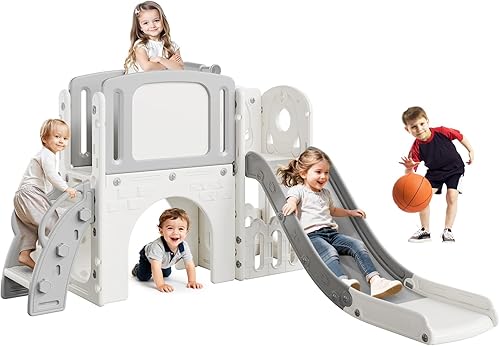 GarveeLife Tobogán 8 en 1 para interiores y exteriores, toboganes para niños pequeños de 1 a 3 años con aro de baloncesto escalador, tablero de