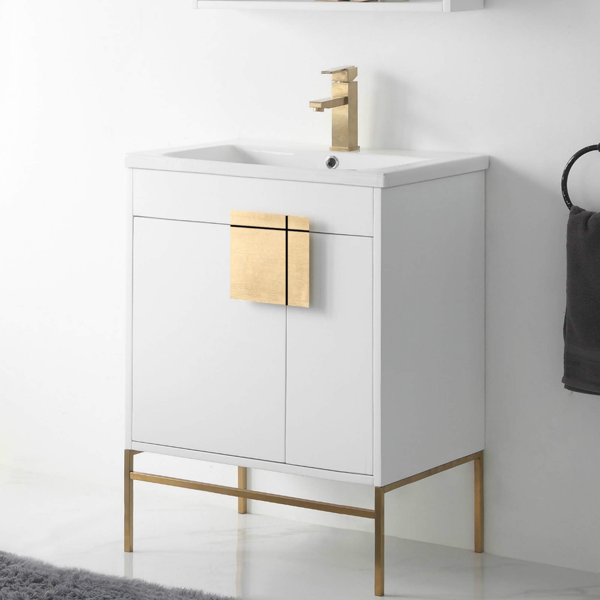 Fine Fixtures - Fine Fixtures - Modern White 30" Bathroom Vanity Set, Satin Brass Hardware, Vireous China Sink Top