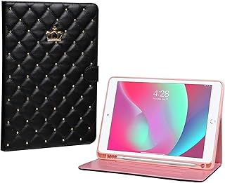 iPad 9th/8th/7th Generation 10.2 Inch Case 2021/2020/2019, PU Leather Crown Bling Folio Stand Cover with Built-in Apple Pencil Holder - Auto Wake/Sleep and Multiple Viewing Angles (Black)
