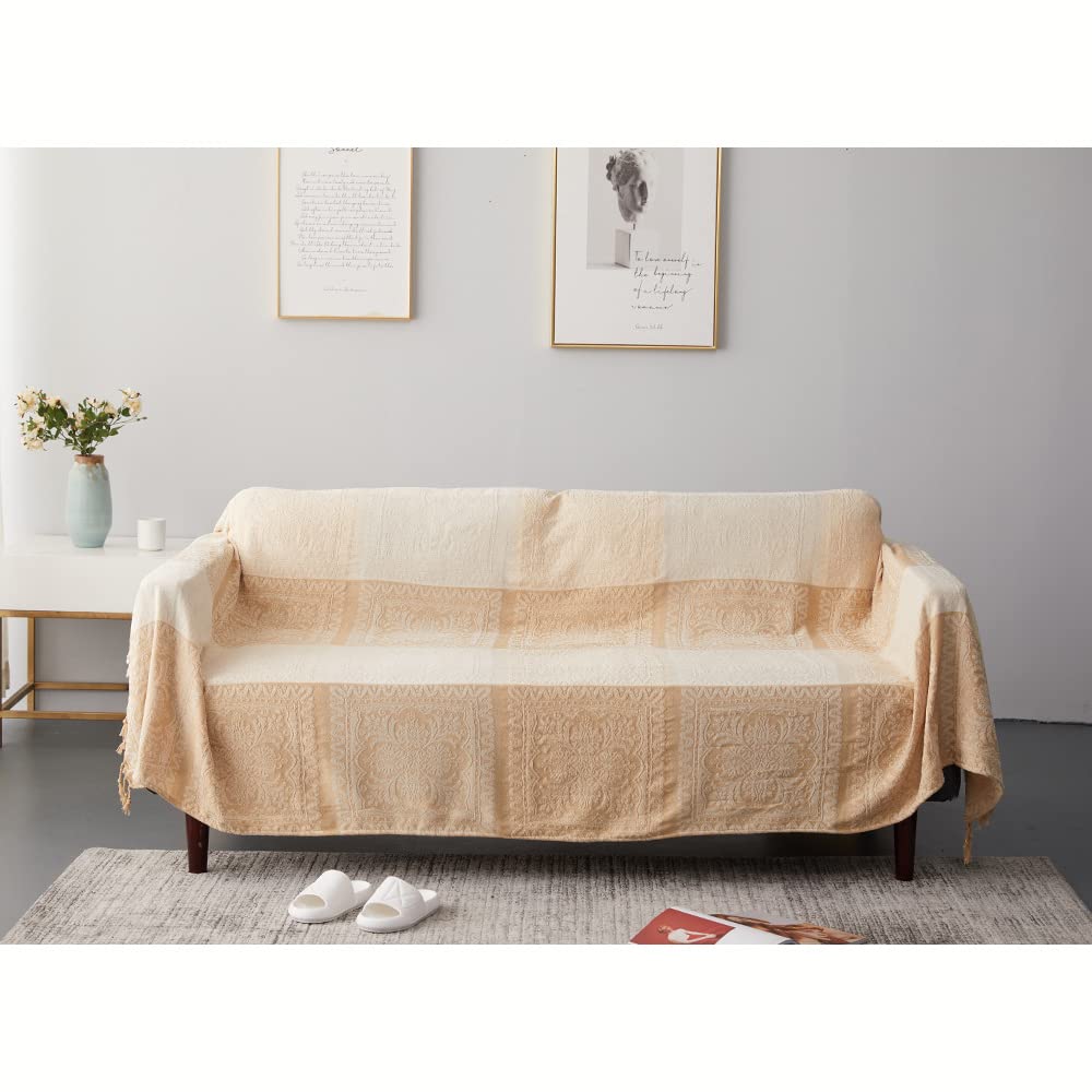 ele ELEOPTION Couverture de Jet en Chenille, Glands Jacquard Couverture de Canapé Housse de Chaise Décorative pour Canapé-Lit Soft Chair, Folk Tribal Pattern (220 x 250 CM, Beige)