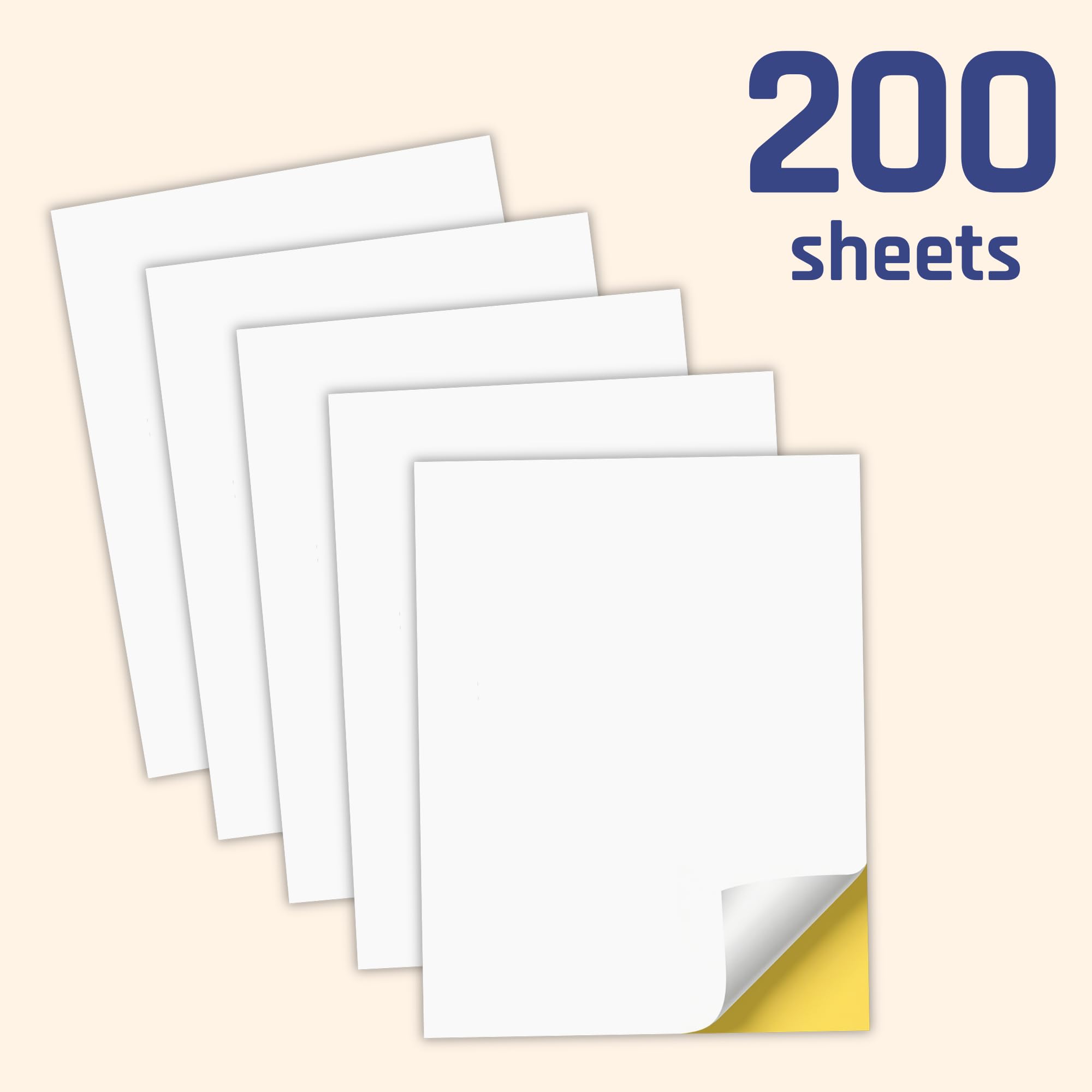 Lot de 200 feuilles de papier autocollant blanc imprimable, impression laser/jet d'encre, mat, format lettre (21,6 x 27,9 cm)