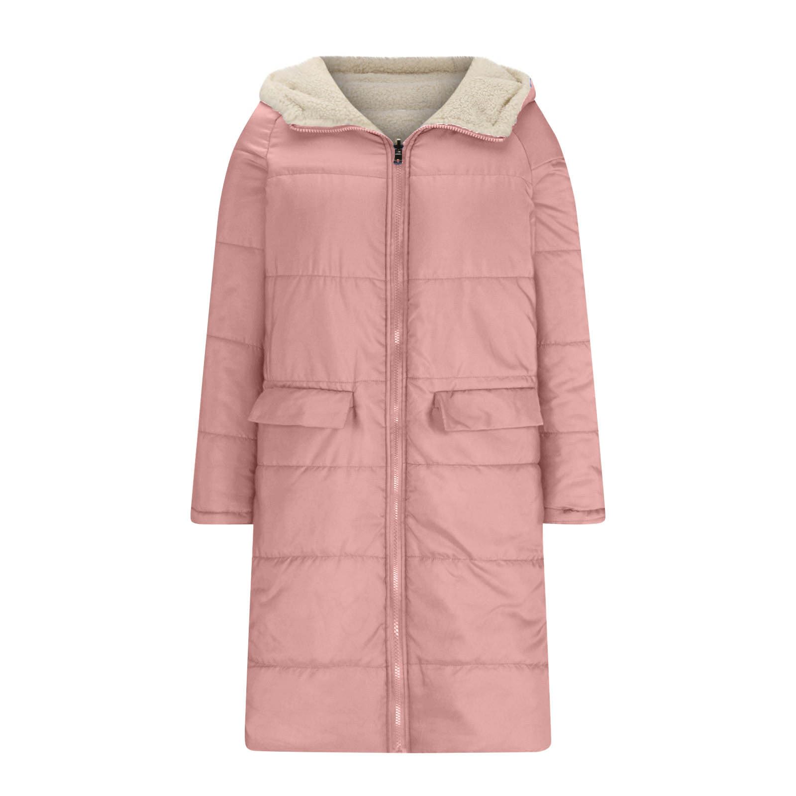 Damen Langer Wintermantel mit Kapuze Reißverschluss Taschen Warm Gefütterte Jacke Frauen Winterparka Zweifach Tragbar Lange Steppjacke für Alltag Büro Reisen Outdoor