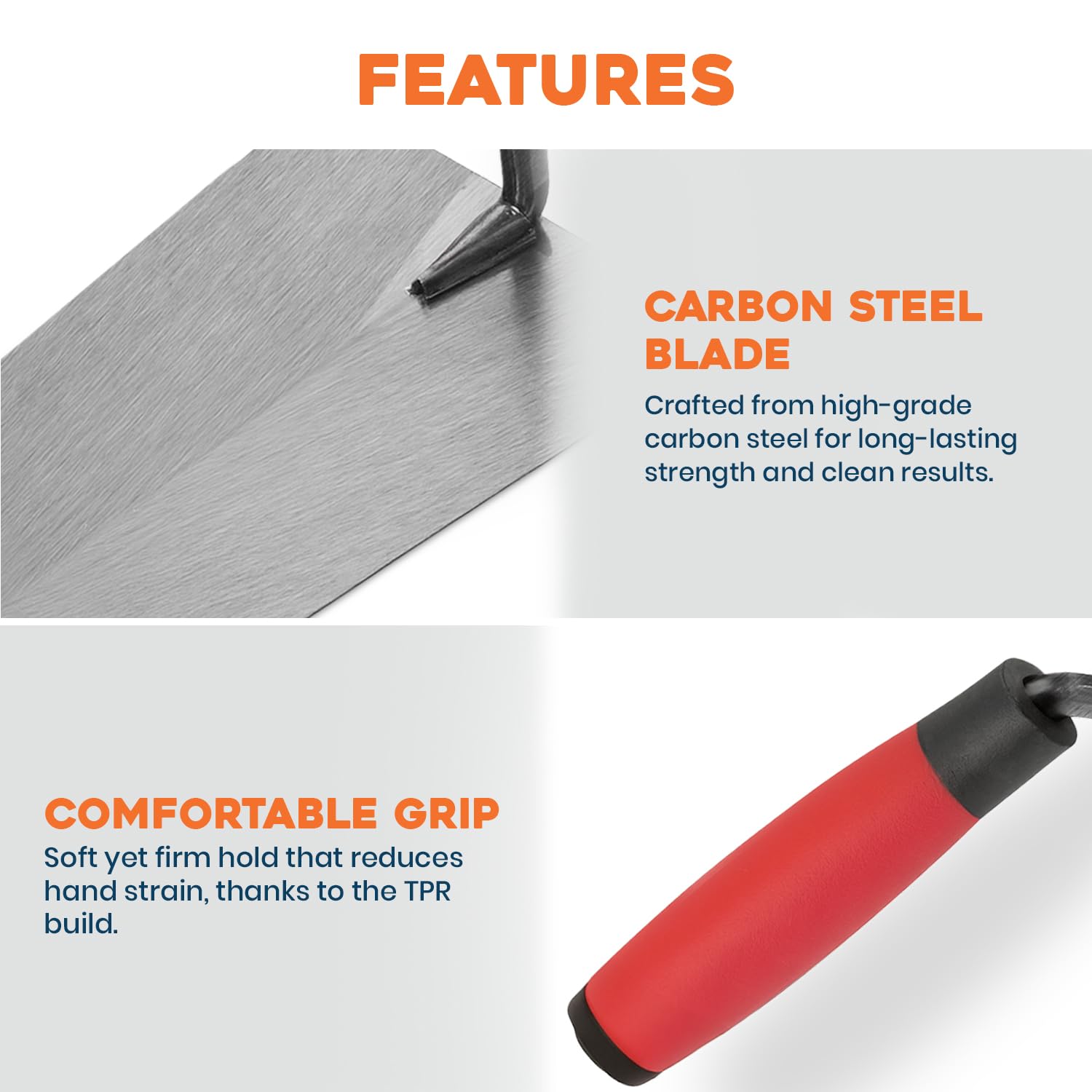 180mm Bucket Trowel - Carbon Steel Blade with TPR Handle for Scooping & Spreading Mortar, Plaster & Building Materials - Image 3