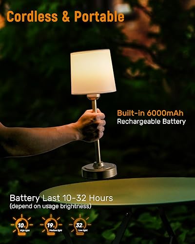 Miniatura 3 de Lámpara de mesa inalámbrica LED dorada recargable, 6000 mAh, funciona con pilas, lámparas inalámbricas para sala de estar, restaurante, patio,