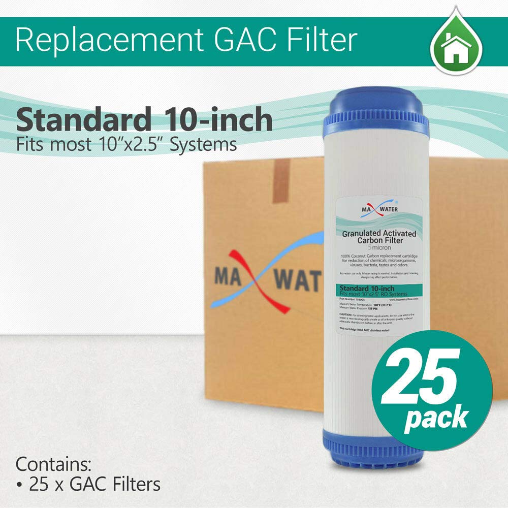 Max Water 10 x 2.5 Granular Activated Carbon GAC Water Filter Cartridge Compatible With GAC-10BB AP117 GAC-10 HX-HDG-P117/3 & 10" Standard Reverse Osmosis & Whole House Water Filtration System-25 Pack