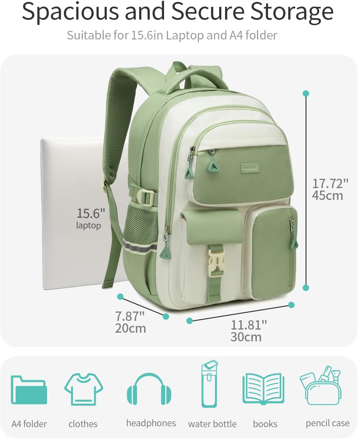 Backpack for Girls, School Bag for Middle High School Teen Girls College Bag for Women Bookbag, Mochilas Escolares para Niñas, Back to School Gifts, GreenWhite