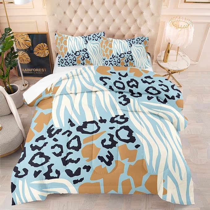 CCoutueChen Blue Leopard Comforter Set Queen Size Zebra Pattern Bedding Animal Skin Comforter for Girls Women Wild Animals Fur Bed Sets 3Pcs Africa Leopard Print Comforter All Seasons(2 Pillowcase)