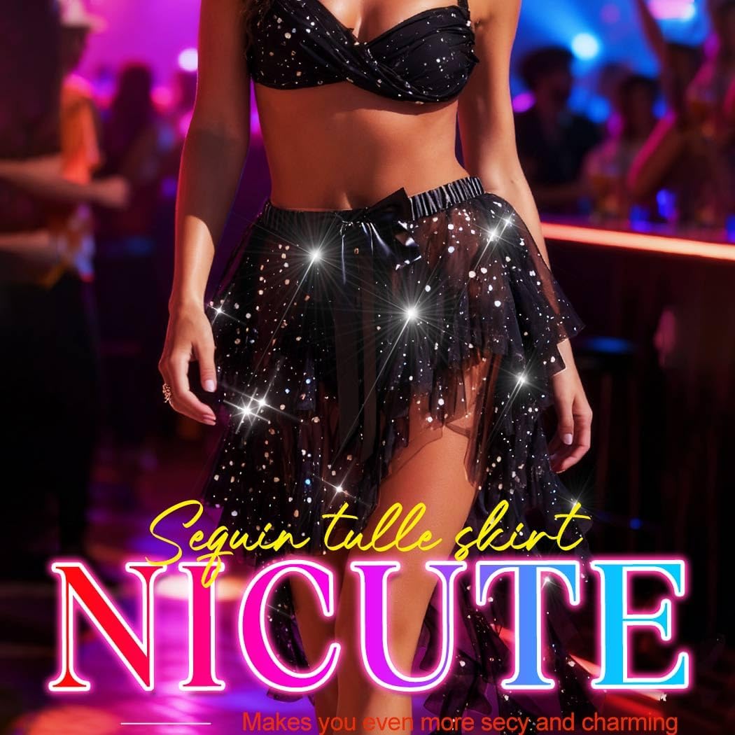 Nicute Sequin Ruffle Tulle Skirt High Low Dance Skirt Layered Dress Up Mermaid Costume for Women