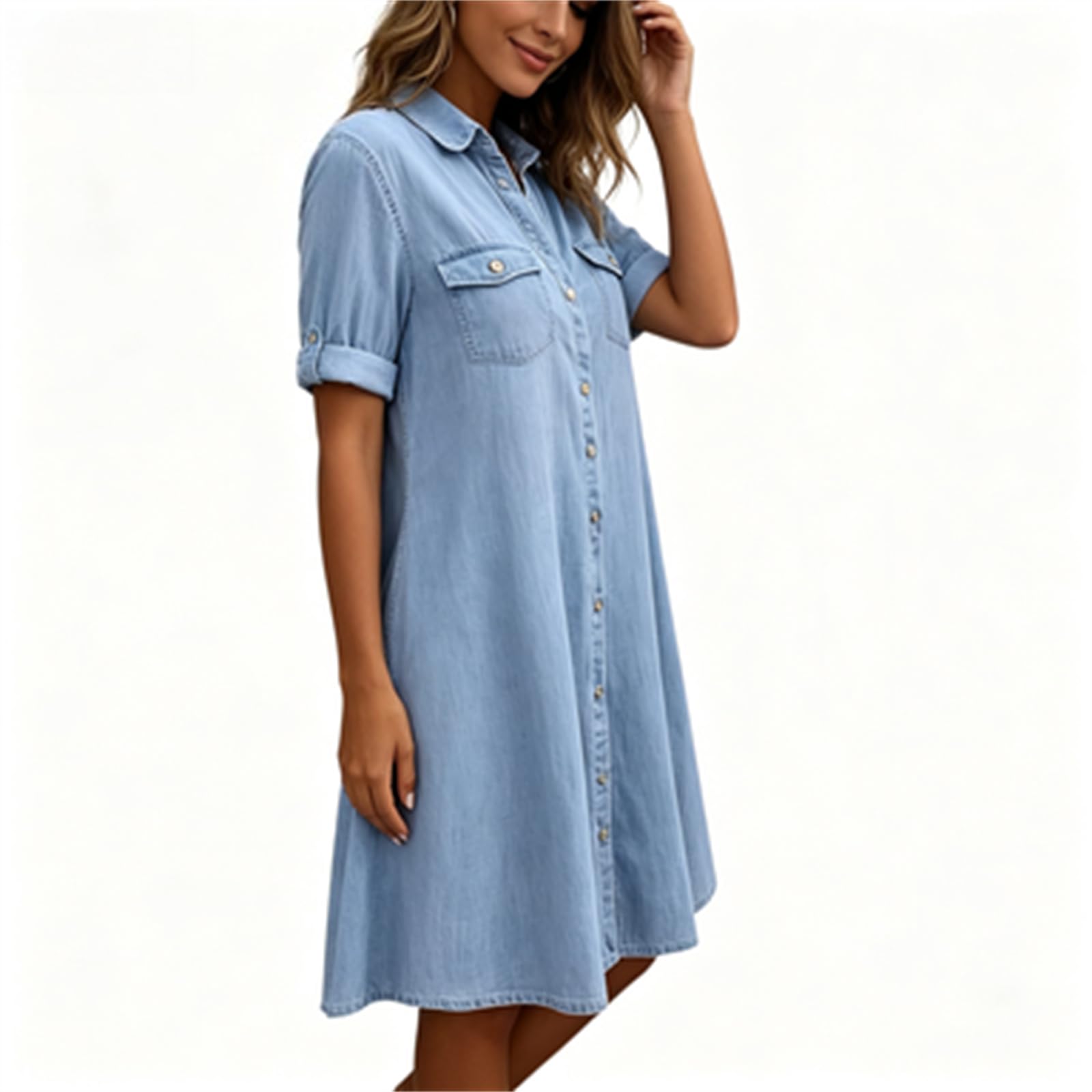 Generisch Sommerliches Jeanskleid mit kurzen Ärmeln, Business-Casual, Midi-Länge, Knopfleiste, Babydoll-Schnitt und Taschen