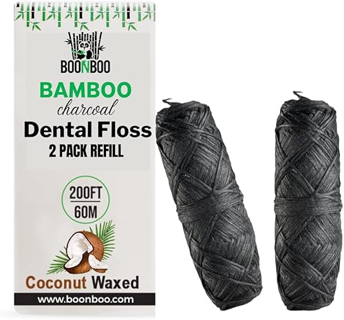 BOONBOO Recambio de hilo dental, hilo tejido de carbón, 2 piezas de 100 pies/98.4 ft - total 200 pies/196.9 ft, encerado, coco