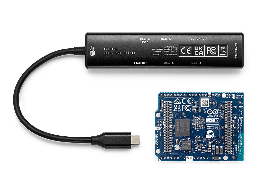 Arduino UNO Q 2GB AI Board + Hub USB-C 8-in-1, HDMI, Ethernet, porte USB, Kit SBC IoT Linux