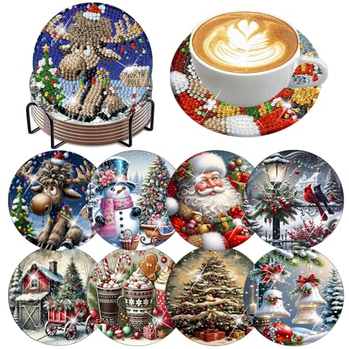 ijbnhd 8 PCS Christmas Diamond Art Coasters Kit 4X4inch (Cork Wooden Pad)