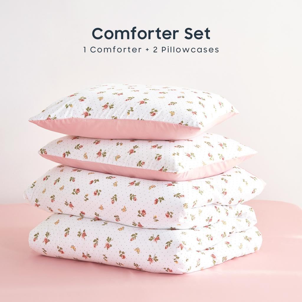 Wake In Cloud - Floral Comforter Set, Coquette Cottagecore Aesthetic Cute Flower Rose Pattern for Women Teen Girls, Soft Lightweight Dorm Bedding, 3 Pieces, Pink, Queen Size thumbnail