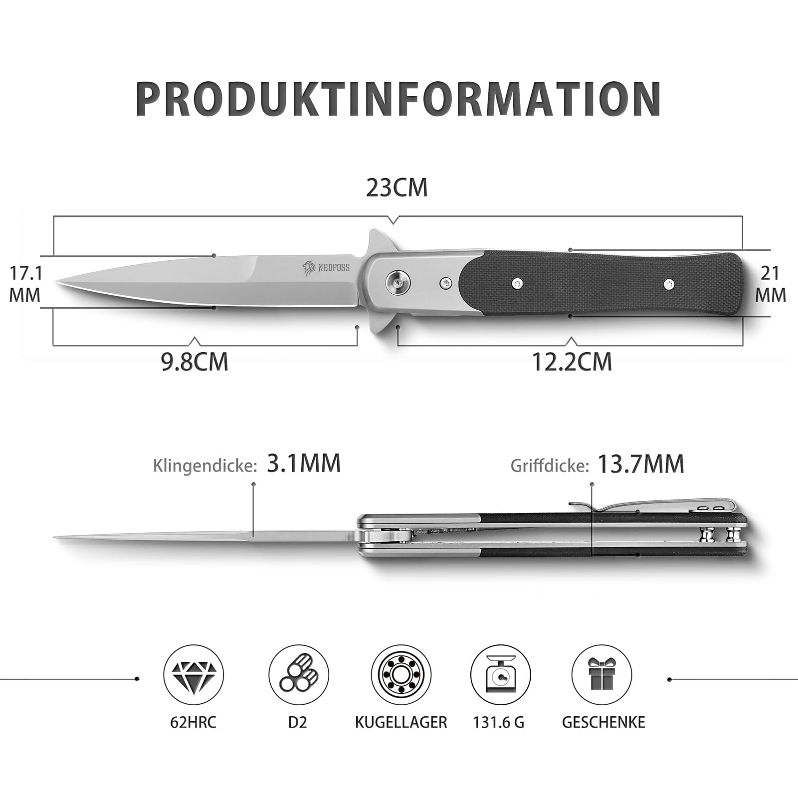 NedFoss MERMAID couteau pliant, Manche en G10, acier d2, clip ceinture couteau, couteau survie, couteau de poche, Convient à l'usage quotidien