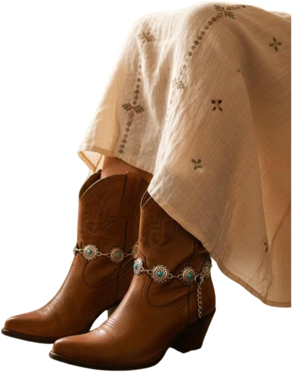 Women 2PCS Boot Bracelet Silver Metal Chain Western Fashion Anklet Shoe Turquoise Beads Flower Charm SET BC98