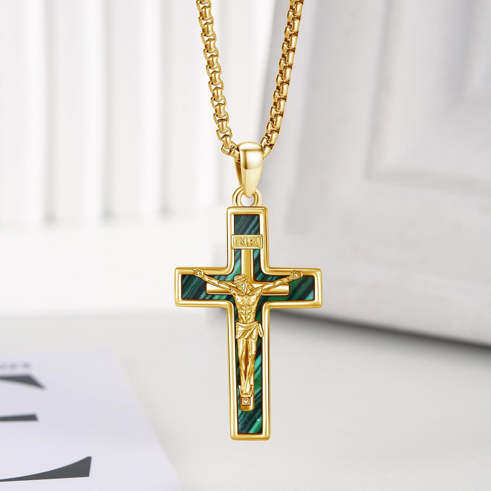 OHAYOO Crocifisso, collana da uomo in argento sterling 925, a forma di croce con ciondolo a forma di Gesù, abalone/turchese/malachite