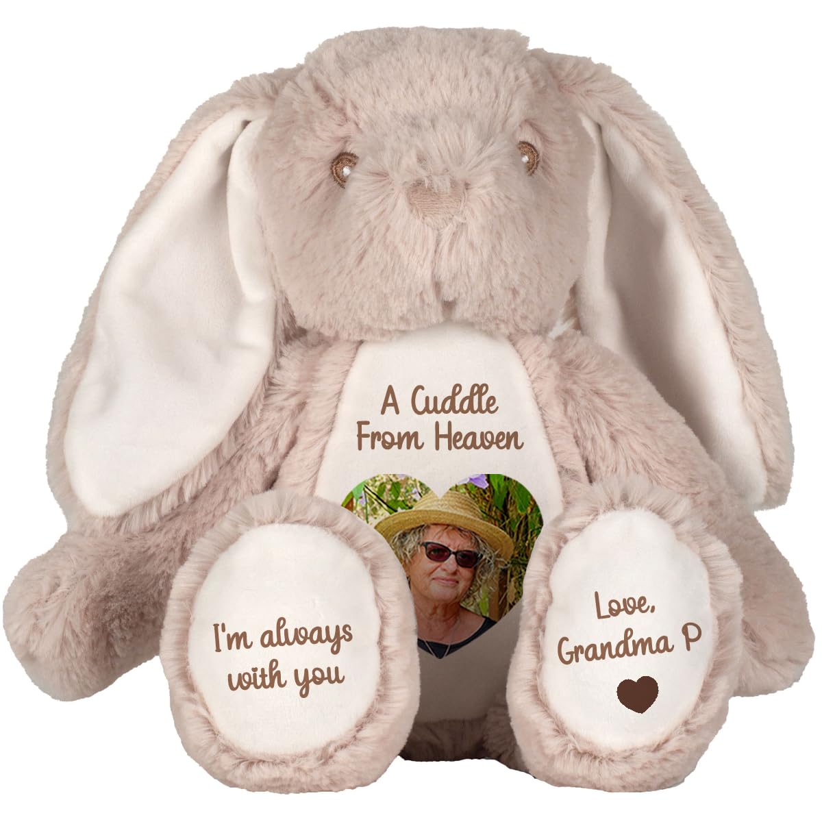 Personalised Memory Teddy Bear with Heart-Shaped Photo – “A Cuddle From Heaven” Keepsake Gift – 28 Bear Styles – Add Your Text & Choose Colour – Custom Memorial Bear (Brown Bunny)