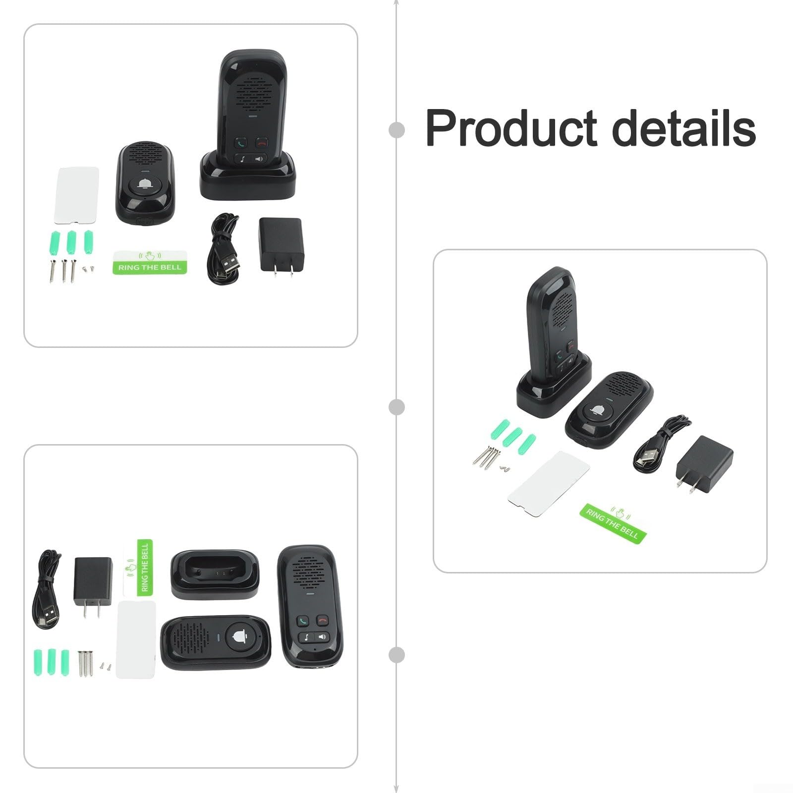 Sistema de intercomunicación inalámbrico con alcance de 300 m, timbre de puerta impermeable para exteriores, juego de altavoces y micrófono para el hogar, ideal para personas mayores y niños (negro)