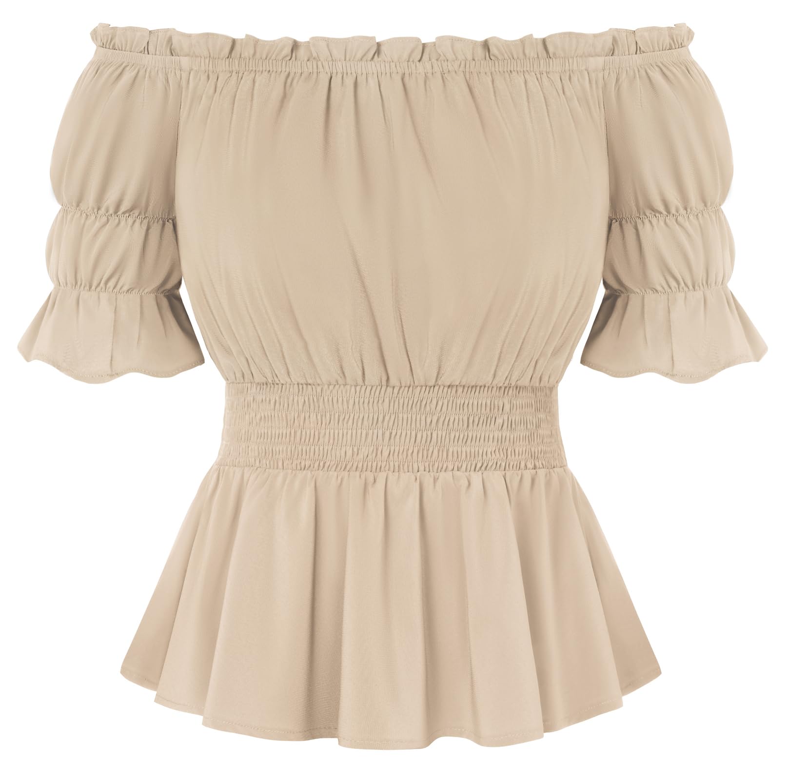 SCARLET DARKNESS Women's Medieval Off-Shoulder Elastic Waist Top with Ruffled Neckline, Sleeves and Hem Khaki XL