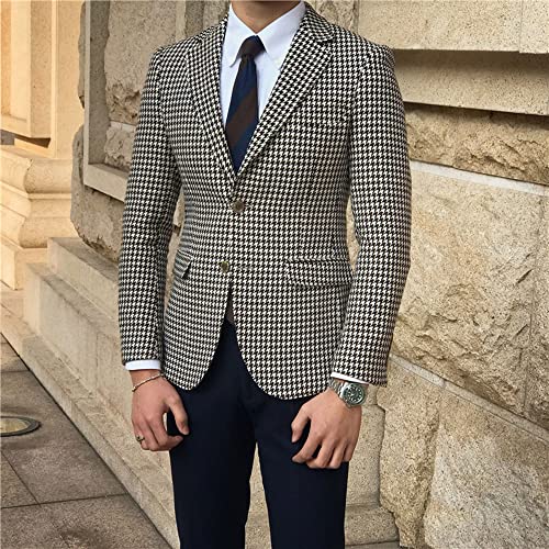 Ulnomio Men's Houndstooth Blazer Two Buttons Notch Lapel Jacket Wedding Office Suit Coat4