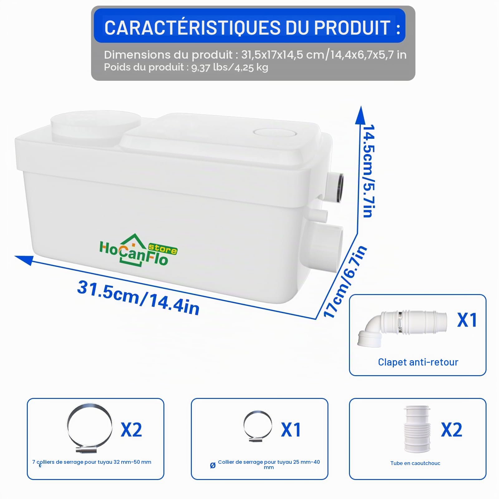 300W Broyeur sanitaire Pompe à déchets silencieuse, Pompe de relevage Douche équipée de 2 entrées 1 sortie, FLO-300 Pro