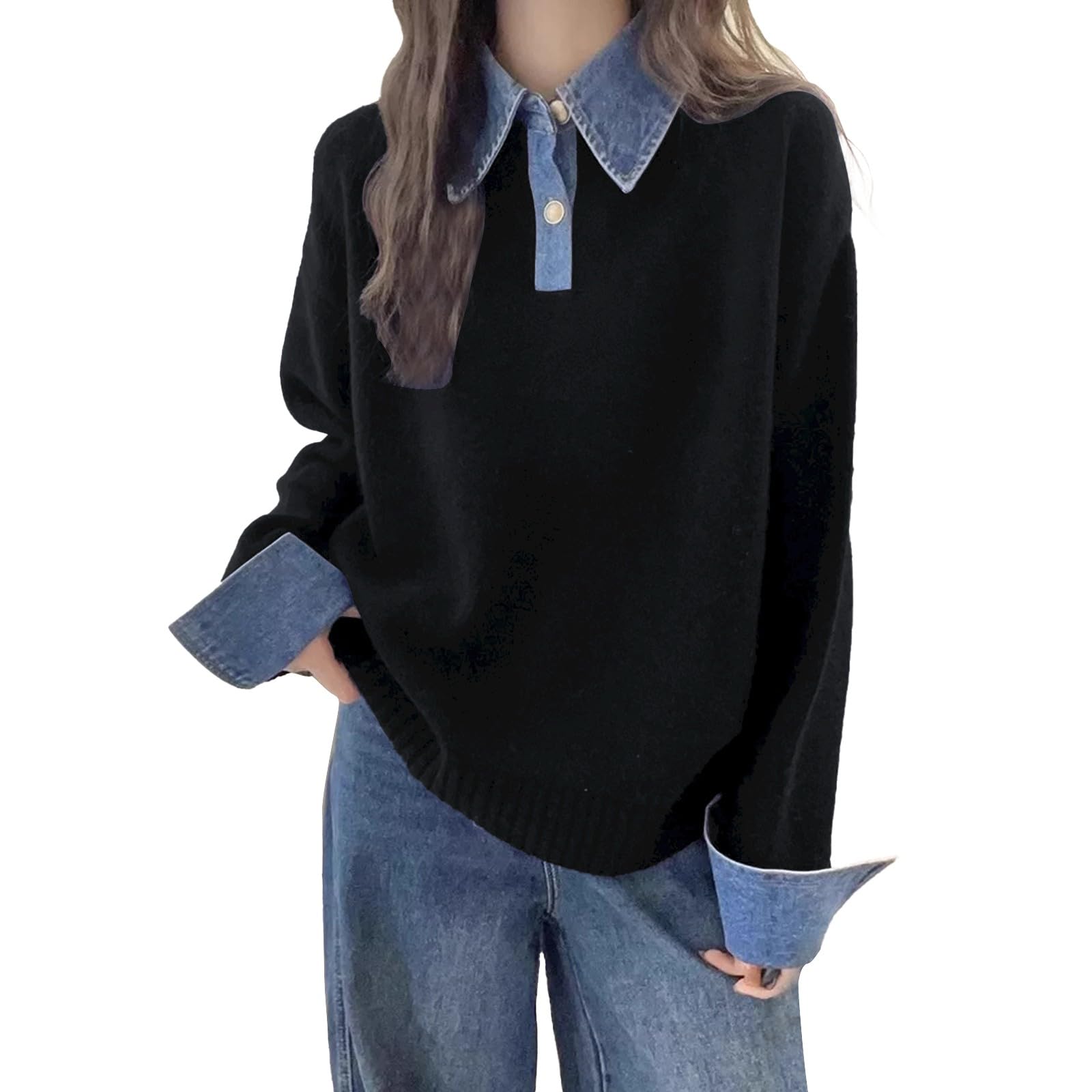 Polo Sweater Women Knit Lapel Denim Collar Top Ribbed Sweatshirt Cozy Trendy Long Sleeve Pullover 2 in 1