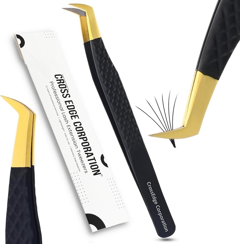 Pinça para extensão de cílios com ponta de fibra Cross Edge Corporation, 12 cm, acabamento Matte Black Gold Tip, modelo CEC-57