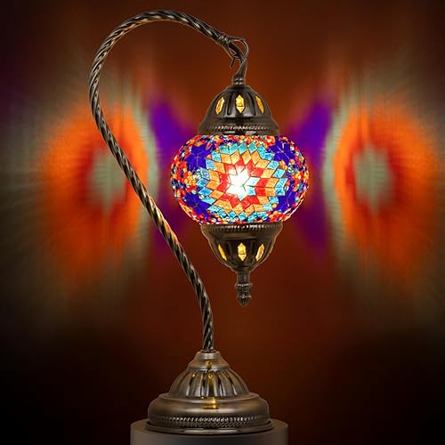 Miniatura 7 de Marrakech Lámpara de mesa turca marroquí con estilo vintage, lámparas Tiffany hechas a mano con vidrio de mosaico y cuello de cisne, base de bronce,