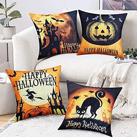 Sofevaim Halloween Orange Black Throw Pillow Covers,4 Packs Burlap Cushion Covers,Bat Cat Moon Castle Pumpkin Fall Decorative for Sofa,Living Room Cover