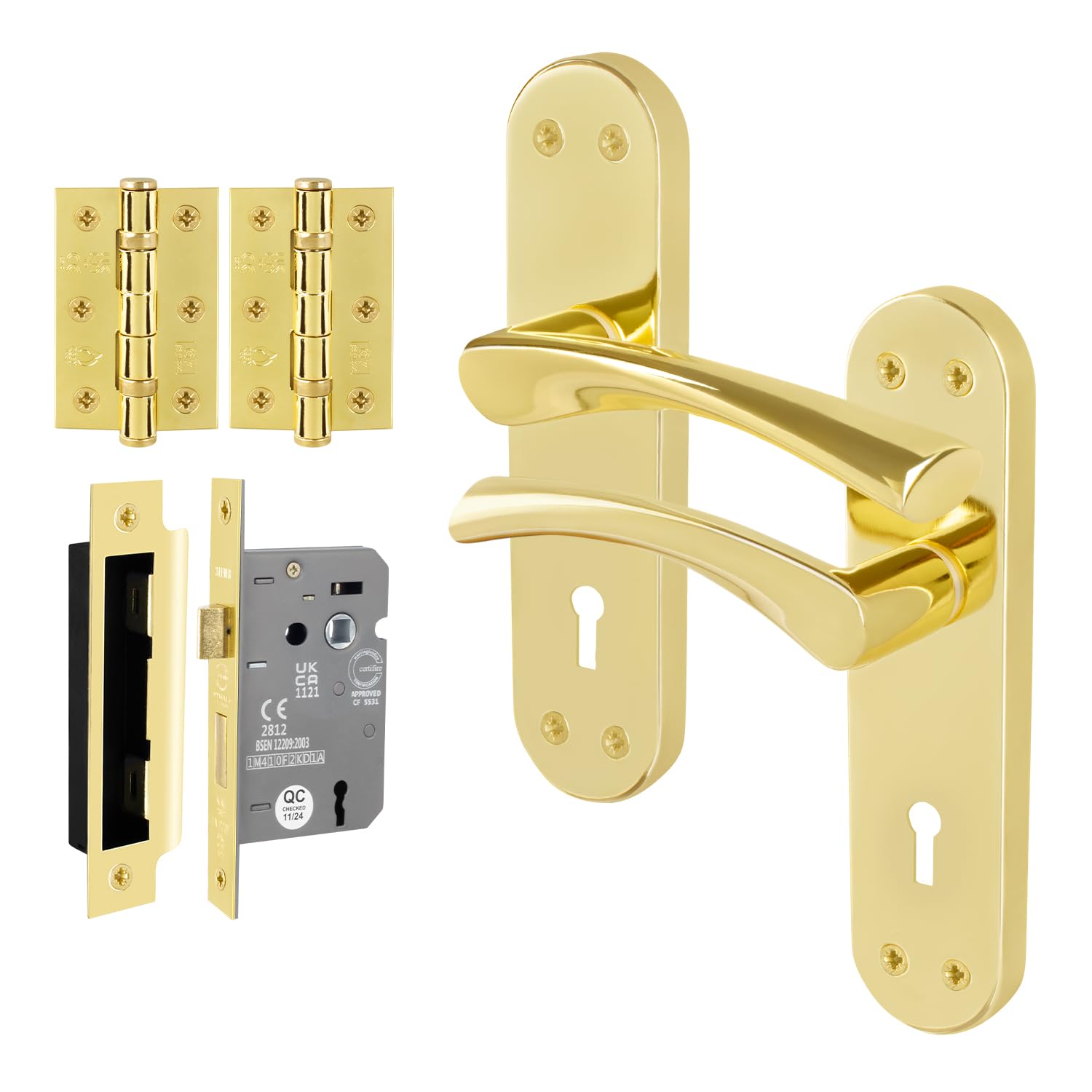 Eai Polished Brass Brass Door Handle Key Lock Set, 1 Pair Internal T-Bar Handles, Hinges (76Mm), Sash Lock (64Mm) - Novoli