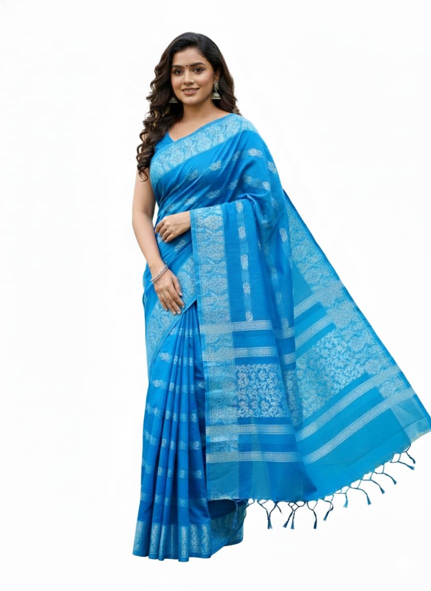 Diamond Pure Cotton Striped Tant Saree, Free Size, Traditional Style with Blouse Piece (Sky Blue)-picture-31