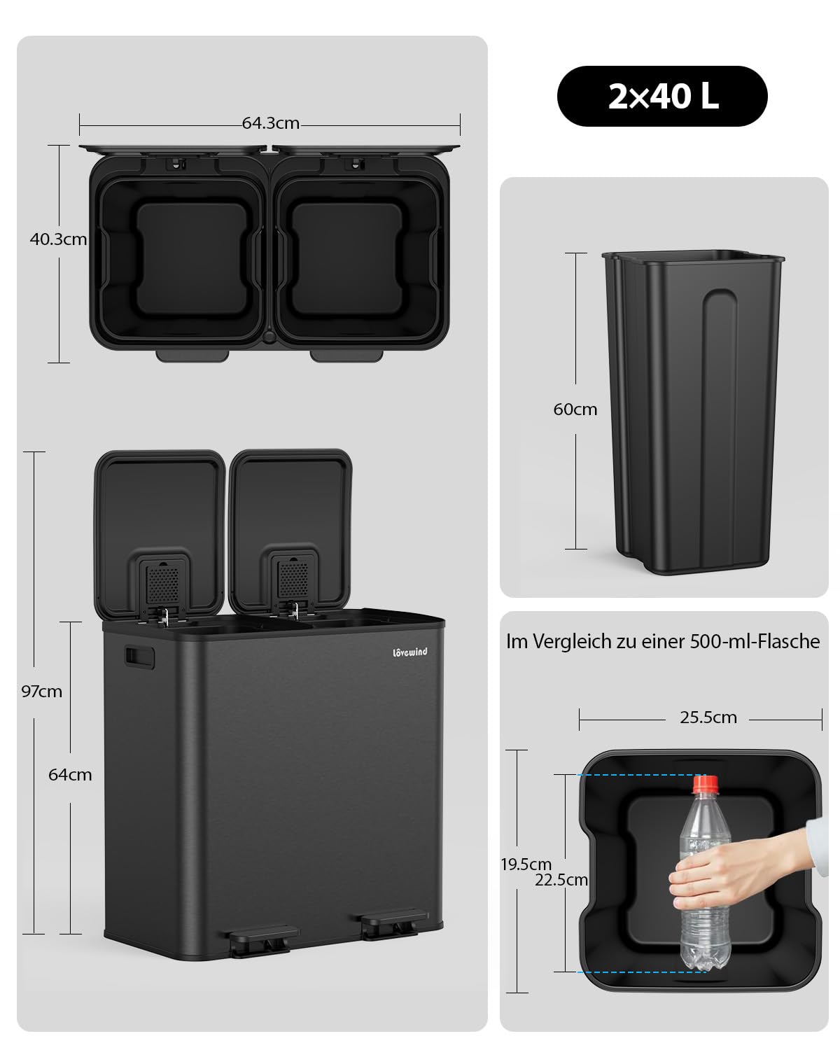 lovewind Mülleimer Küche, 2 x 40L Mülltrennsystem mit Soft-Close Deckel, Edelstahl Tretmülleimer mit 2 Fächern, Herausnehmbare Inneneimer, Fingerabdruckresistent, Geruchsdicht,Schwarz