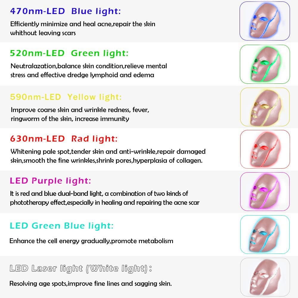 Máscara Facial LED de 7 Colores Cara Cuello Rejuvenecimiento de Fotones Máquina de Belleza Mascarilla Tonificante Antiarrugas para Reafirmar la Piel para Salón de Uso Doméstico