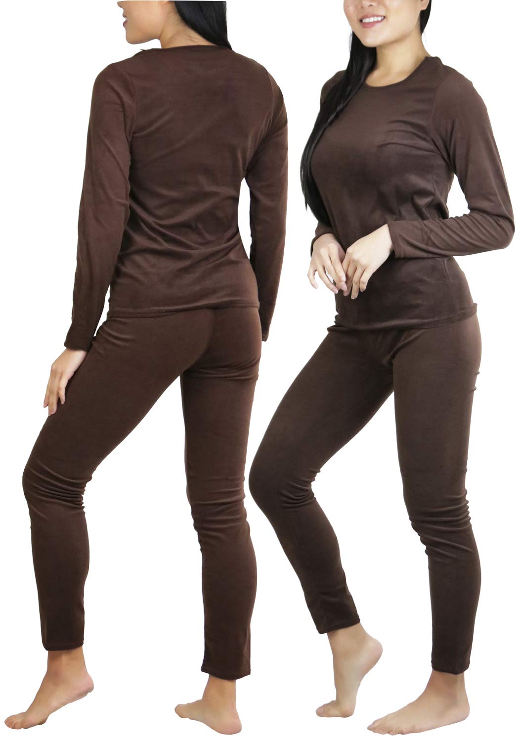 ToBeInStyle Women's Soft Velvet Long Sleeve Top and Bottom Thermal Set - Coffee - L/XL
