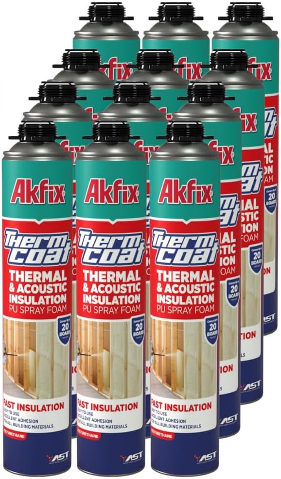 Akfix Thermcoat Closed Cell Spray Foam Insulation 240 Board Feet - Polyurethane Expanding Foam for Wall and Attic, Heat&Acoustic Insulation, Dispensing Spray Foam Gun&Cleaner NOT Included | 12 Pack