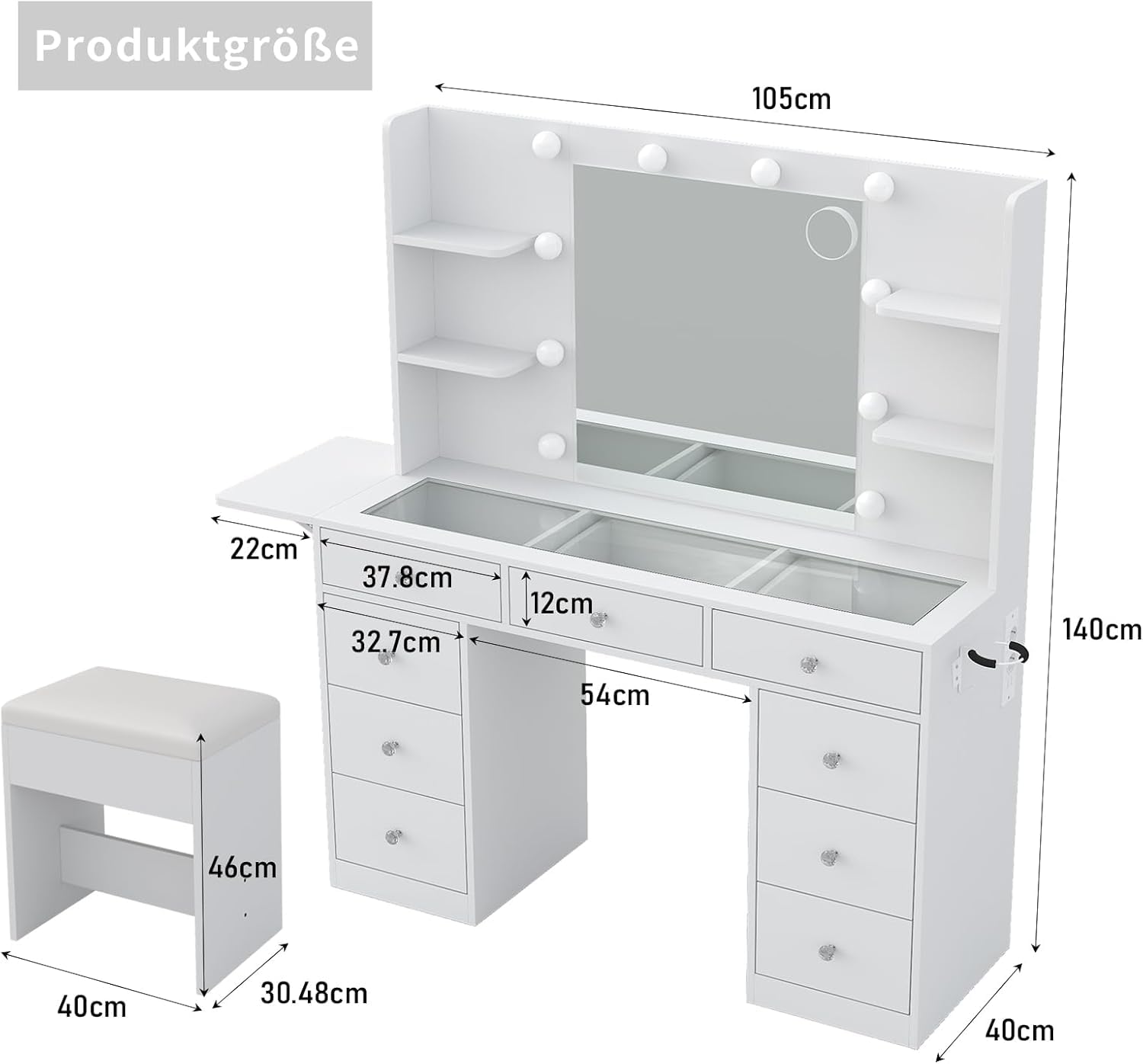 Yanosaku Coiffeuse avec Prise de Courant, Coiffeuse avec Miroir et éclairage LED, 3 Modes d'éclairage, Table de Maquillage avec 4 étagères et Panneau Rabattable pour Chambre, Blanc