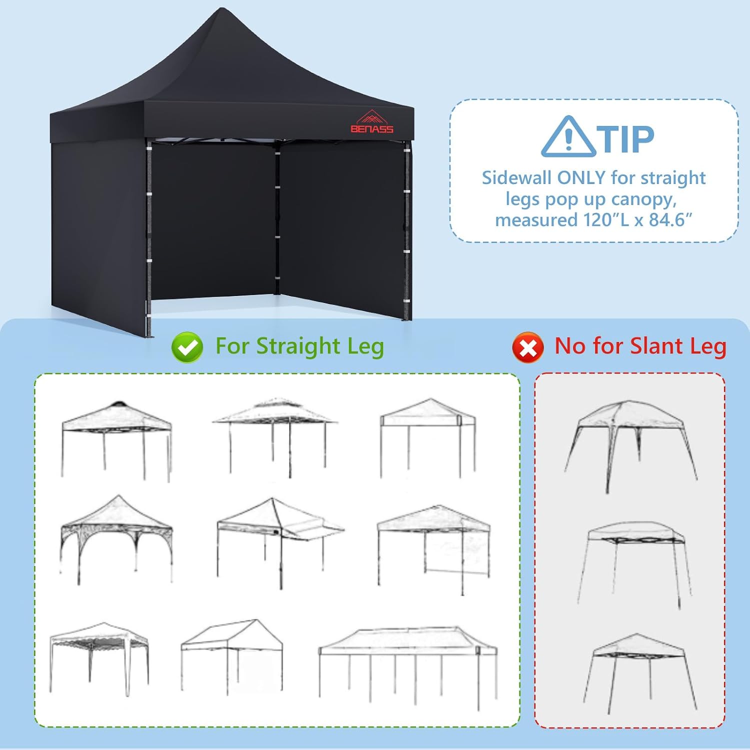 Replacement Sidewalls for 10x10 Pop Up Canopy with 1" Velcro Strip (3 Pack, Black)