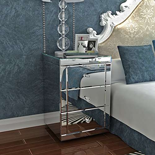 Table de Chevet Miroir Meuble de Rangement en Verre avec 3 Tiroirs sur Salon, Chambre, Bureau Salle de Bains etc, Taille: 44 * 44 * 65cm, Poids: 20kg