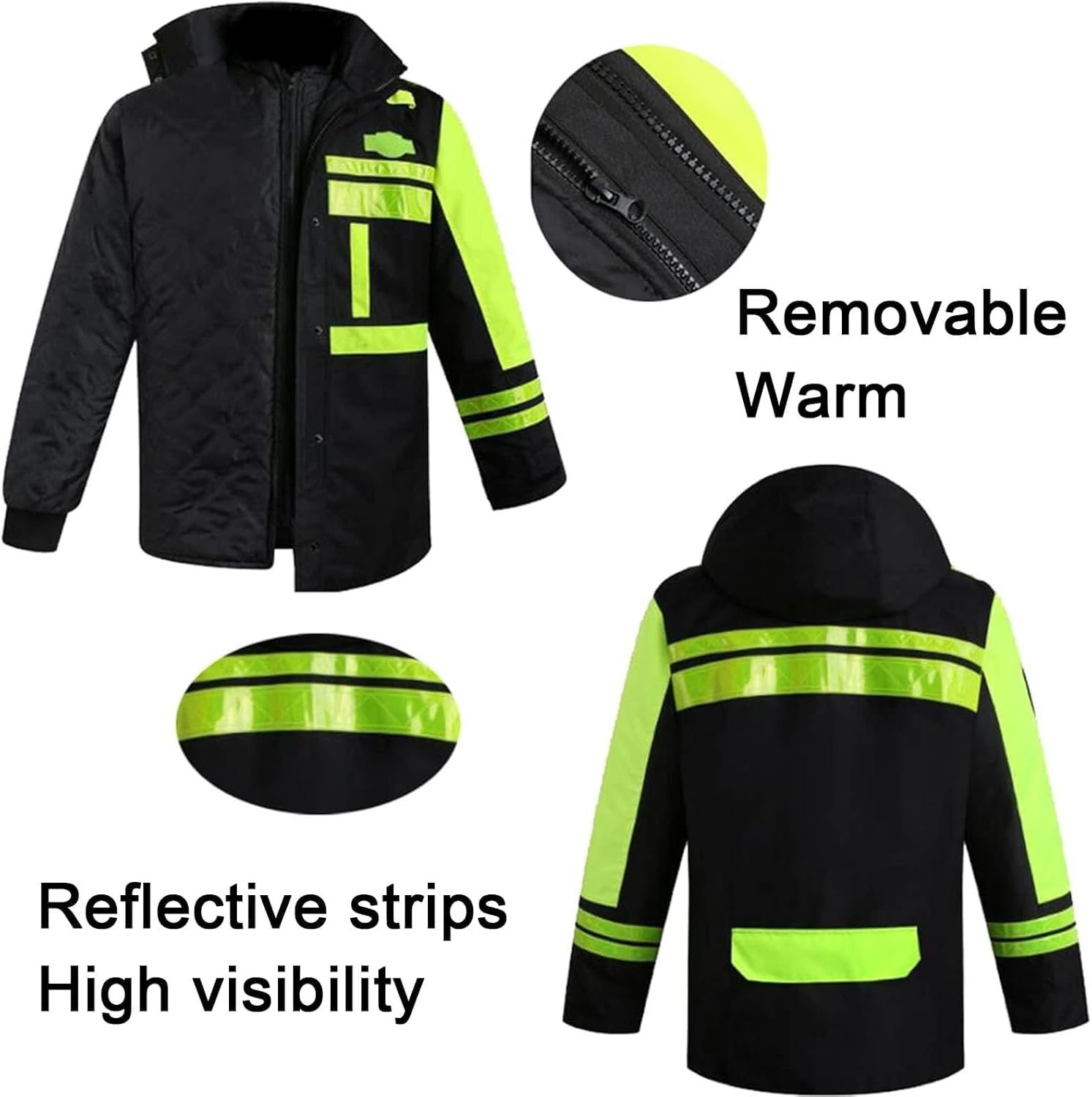 Kurtki O Wysokiej Widoczności Wodoodporny Komfort Hi Vis Odpinana Zimowa Kurtka Bomberka Wysoka Widoczność Bezpieczeństwo Odblaskowa Odzież Robocza Ocieplana Kurtka Robocza Z Kapt, Black, L
