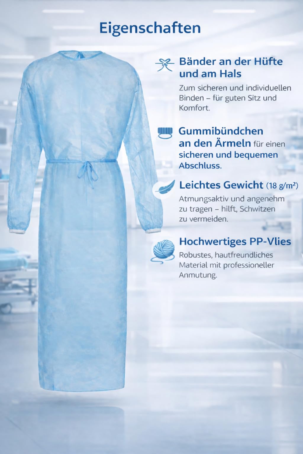 100 sztuk jednorazowych fartuchów dla gości, niebieskie – fartuchy ochronne, fartuchy op, fartuchy szpitalne, fartuchy dla pacjentów, jednorazowe fartuchy ochronne, do gabinetu, pielęgnacji i