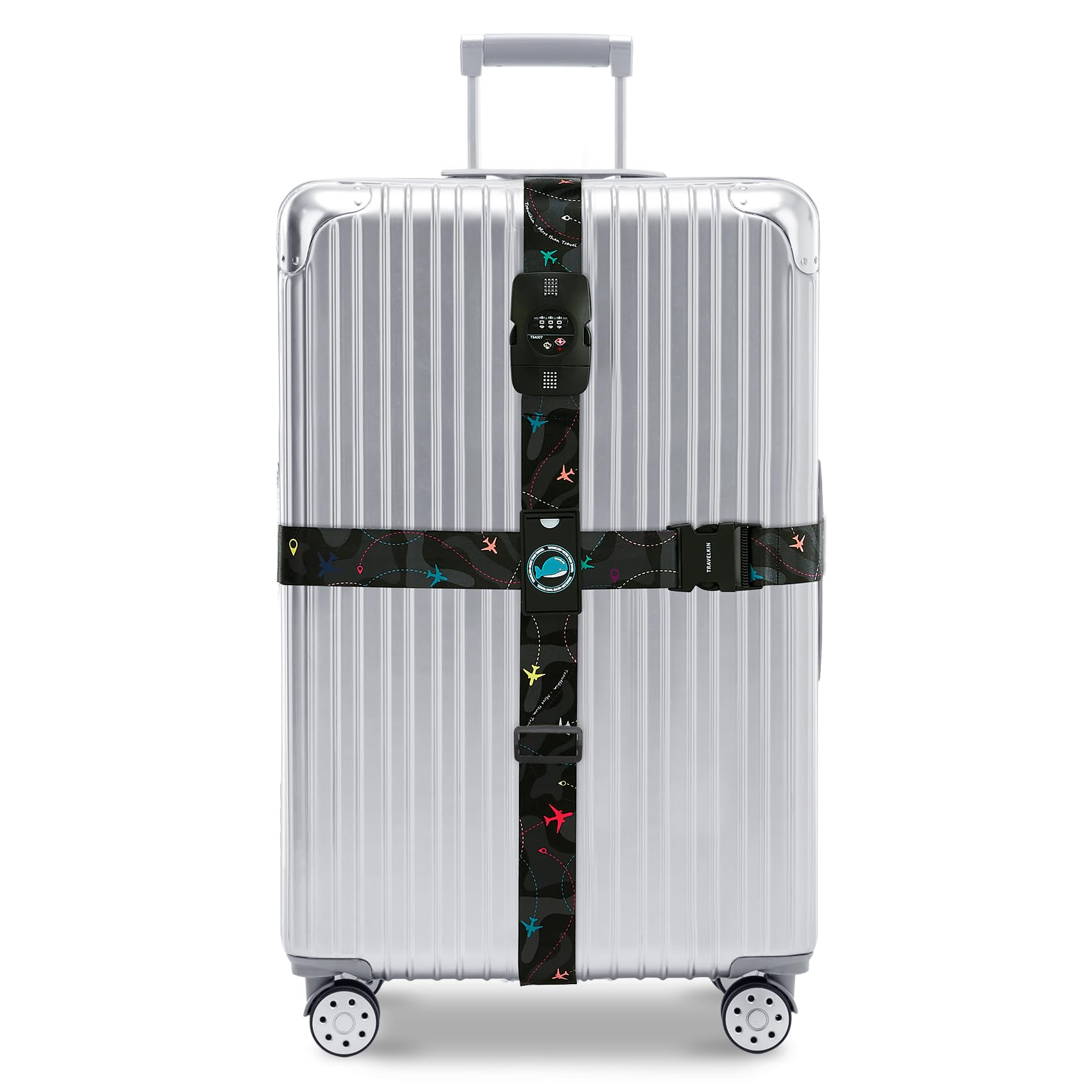 Travelkin - Cinghie per bagagli approvate dalla TSA, regolabili, incrociate, con lucchetto TSA, fibbia rinforzata, motivo unico, resistenti, per viaggi (motivo aereo, nero)