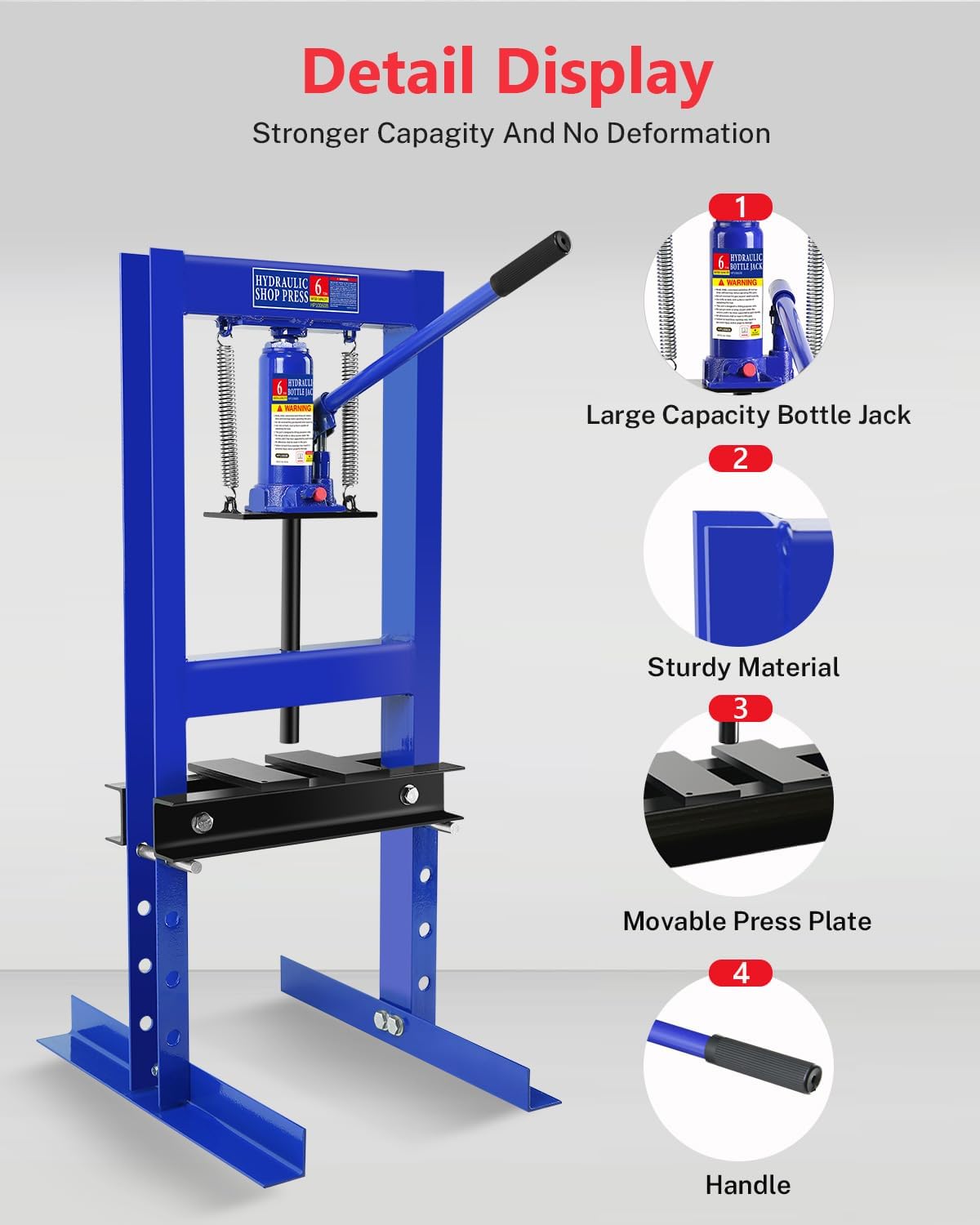 6 Ton Hydraulic Shop Press, Heavy-Duty h-Frame Garage Press with Adjustable Worktable & Stamping Plates – Ideal for Metal Bending, Straightening, Bearing & u-Joint Installation, Floor Standing Worksho