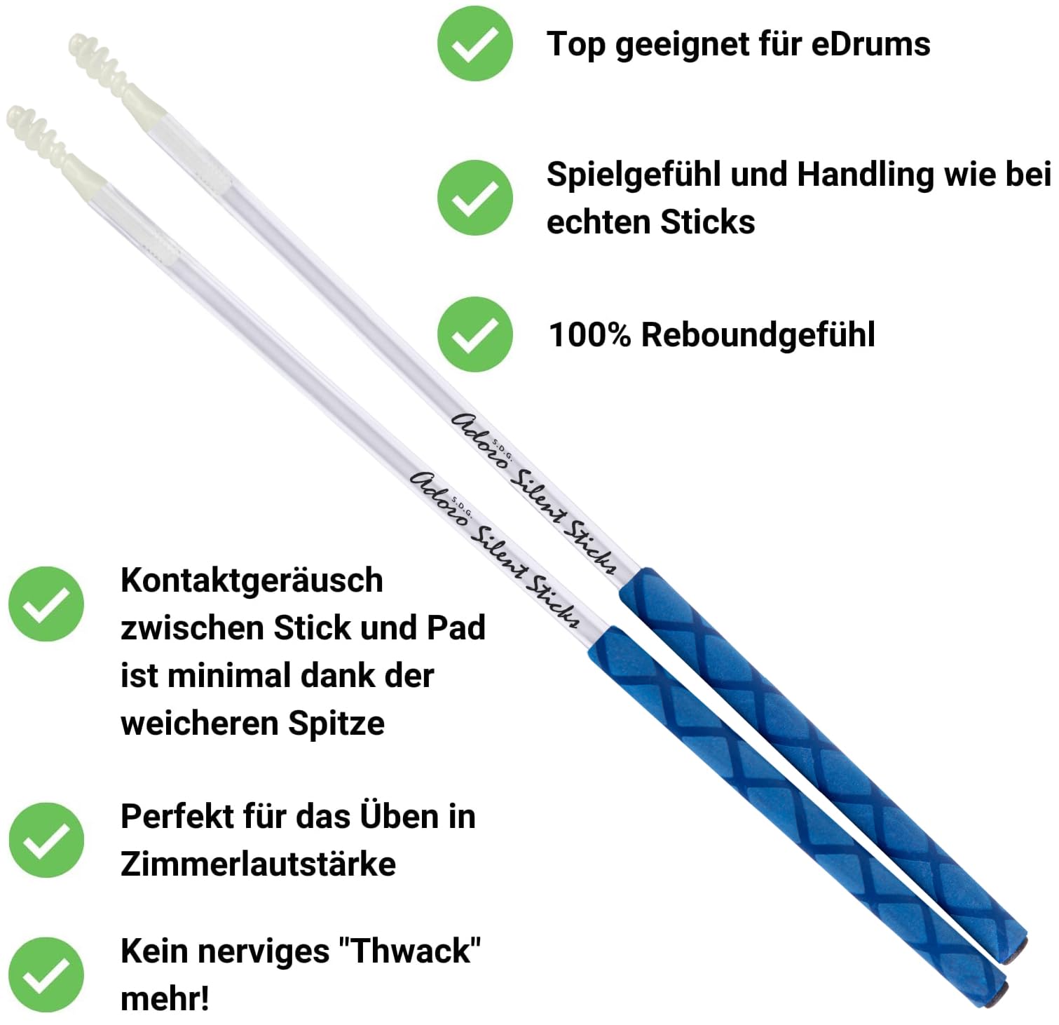 Adoro Silent e Sticks & Bassdrum Beater für e Drum & Drum Pad - Die weiche Spitze aktiviert den e Schlagzeug und reduziert gleichzeitig laute Kontaktgeräusche - kein hartes "Thwack" mehr-
