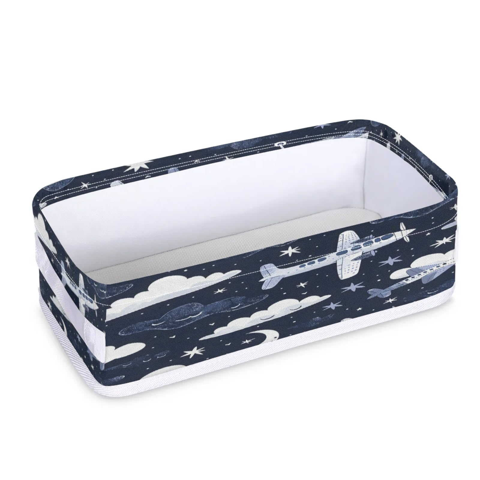 Tablerazzi Toilet Tank Topper Paper Basket with Handle, Aircraft Bathroom Storage Basket for Organizing, Flying Airplane Navy Blue Small Fabric Storage Bins for Bathroom Decor