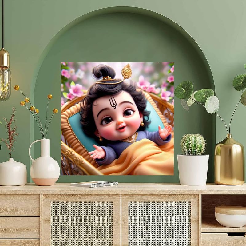 Image of British Terminal Cute little Bal Gopal Baby God Krishna| Kanha Ji | Laddu Lord Makhan Chor Painting Religious Poster for Pregnant Women for wall (matt thin vinyl,sticker,multicolor,unframed)| bj199