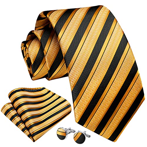 Image of Enlision Mens Ties Stripe Tie and Pocket Square Set Classic Formal Woven Neckties Handkerchief Cufflinks Wedding