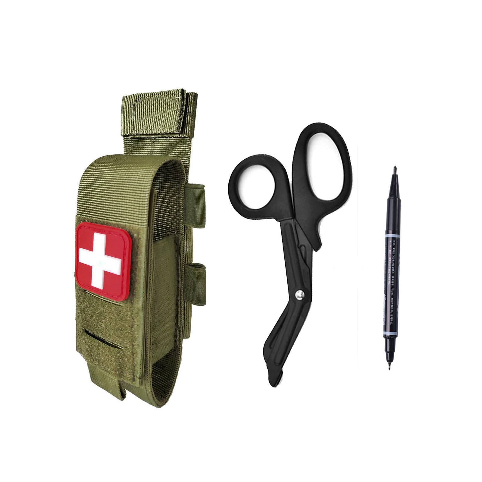 Tactical Tourniquet Pouch Holder TQ Tourniquet Case Trauma Medical Shear Pouch with Shears and Pen(Army Green Set)